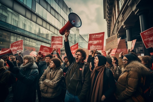 Foto mensen marcheren met borden en versterken boodschappen via megafoons generatieve ai