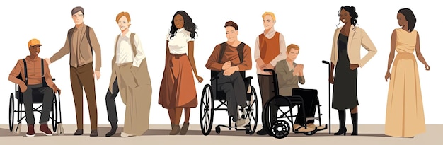mensen met een handicap staan naast elkaar in de stijl van multiculturele fusie