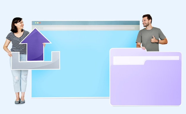 Mensen met een webpagina, een map en uploadpictogrammen