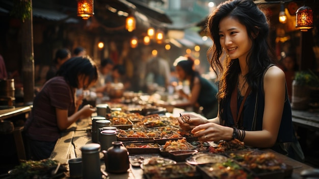 Mensen met eten op een Aziatische openluchtmarkt