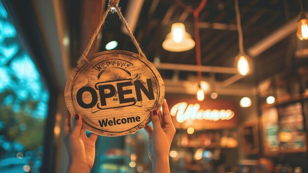 Mensen met handen die een rond houten open welkomstbord vasthouden voor een warm verlicht café met wazige lichten en een gastvrije sfeer op de achtergrond