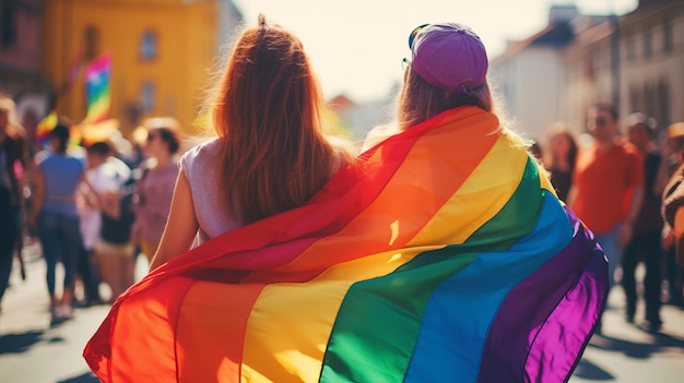 Mensen met regenboogvlaggen op de trotsparade