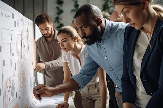 Mensen met verschillende achtergronden en culturen die werken aan een teamproject gemaakt met generatieve AI