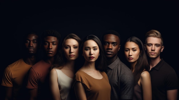Foto mensen met verschillende huidskleuren tegen een donkere achtergrond het concept van diversiteit