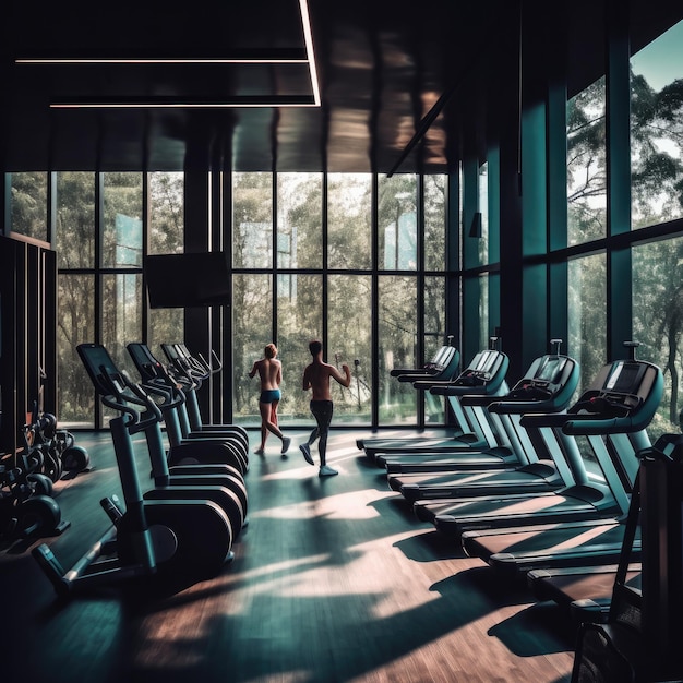Mensen oefenen in een moderne, luxe uitgeruste fitnessruimte van een hotel Generatieve ai