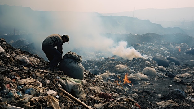 Foto mensen op een grote vuilnisbelt vervuiling van het milieu en onze planeet generatieve ai