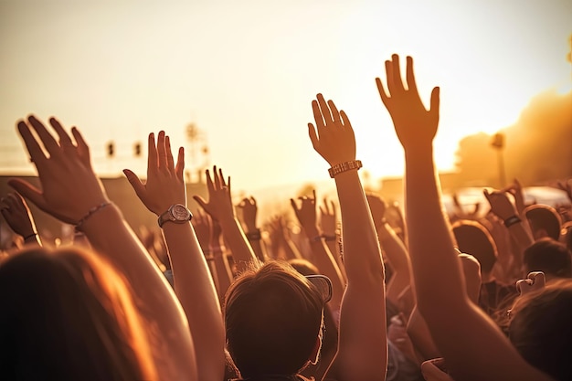 Mensen op een muziekfestival met hun handen in de lucht