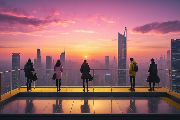 Mensen op het stadsbeeldplatform kijken naar de roze gele zonsondergang.