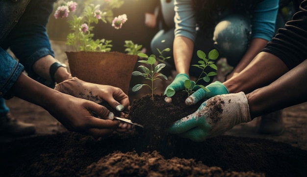 Mensen planten bomen in de tuin generatieve ai