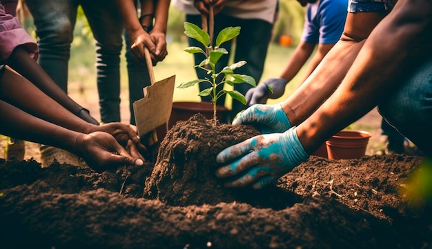 Mensen planten bomen in de tuin Generatieve Ai