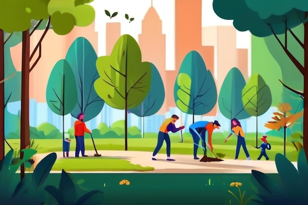 Mensen planten bomen in het stadspark tuinboerderij Eco vrijwilligers team gelukkige volwassenen