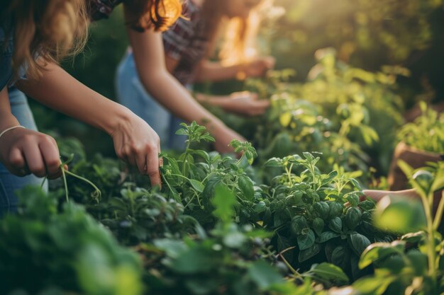 Mensen plukken kruiden of groenten uit een tuin Generatieve AI