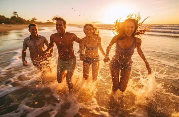 Mensen rennen in het water bij zonsondergang