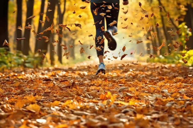 Mensen rennen tussen de herfstbladeren