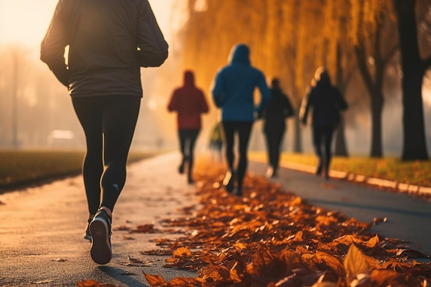 Foto mensen rennen tussen de herfstbladeren