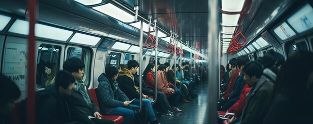 mensen rijden met de metro naar het concept wazig beeld in de stijl van donkerblauwgroen en lichtrood