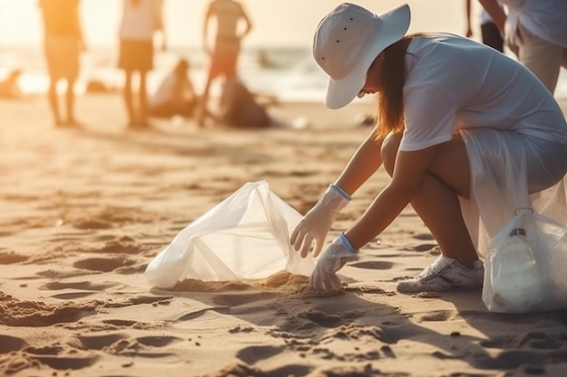 Mensen ruimen plastic en afval op van de kust van de zee of oceaan Generatieve AI
