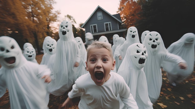 mensen schreeuwen krijgen spookachtige halloween wanneer het vieren van halloween met angstaanjagend wezen achter