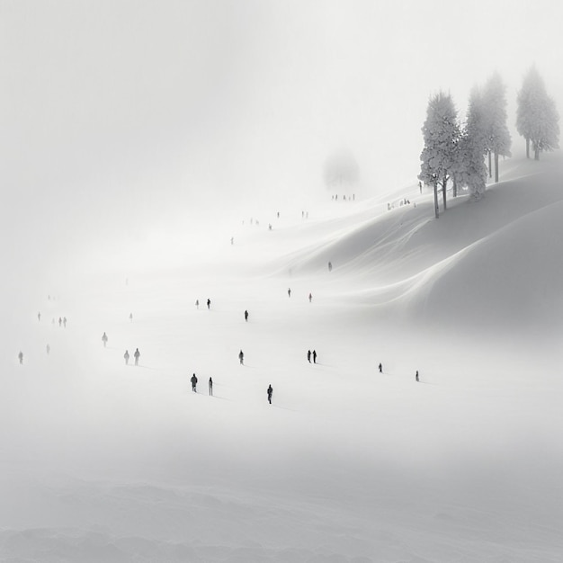 Foto mensen skiën in een besneeuwde vallei generatieve ai