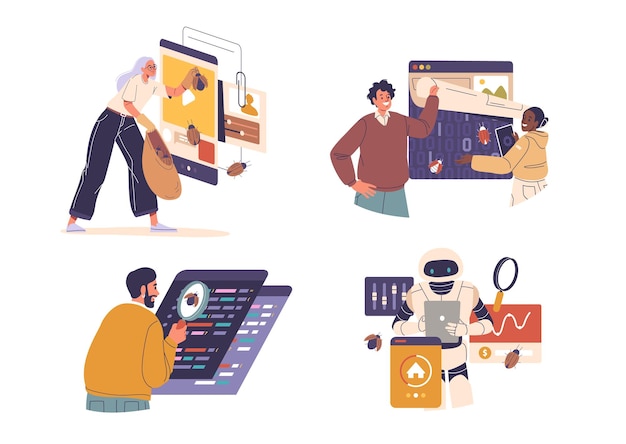 Mensen software testers cartoon personages checking debugging zoeken fouten set