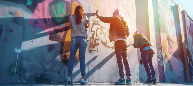 Foto mensen spuiten graffiti op een muur van een gebouw.