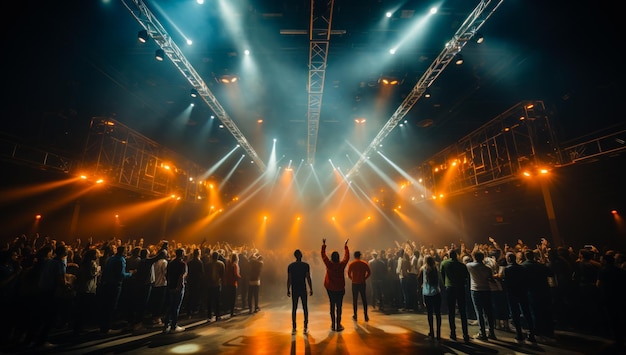 Mensen staan in de grote zaal met projectorlampen toeschouwers in het concert binnen Generatieve AI