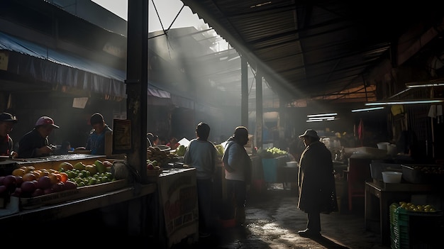 Mensen staan op een markt met een licht dat op hen schijnt.