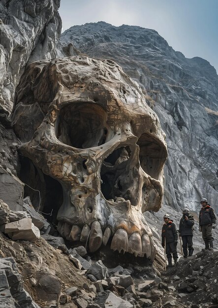 mensen staan voor grote schedel berg voet hoge documentaire nog steeds helder ontbrekende kaak steen