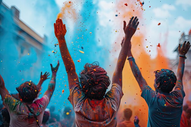 Mensen steken hun handen hoog op, bespat met levendige Holi-poeders tegen een blauwe luchtachtergrond