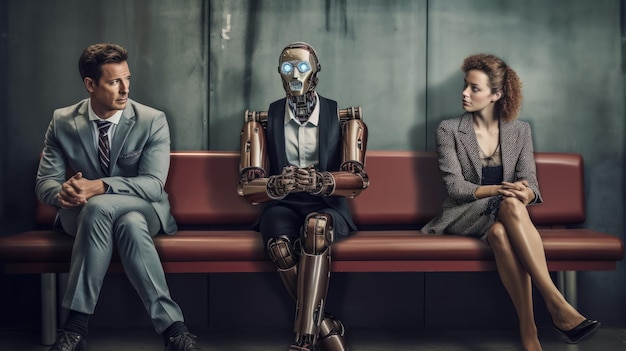 Mensen uit het bedrijfsleven en humanoïde AI-robot zitten en wachten op een sollicitatiegesprek AI versus menselijke concurrentie