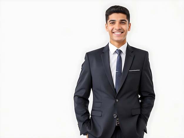 Mensen uit het bedrijfsleven en office concept gelukkige jonge zakenman in zwart pak op witte achtergrond