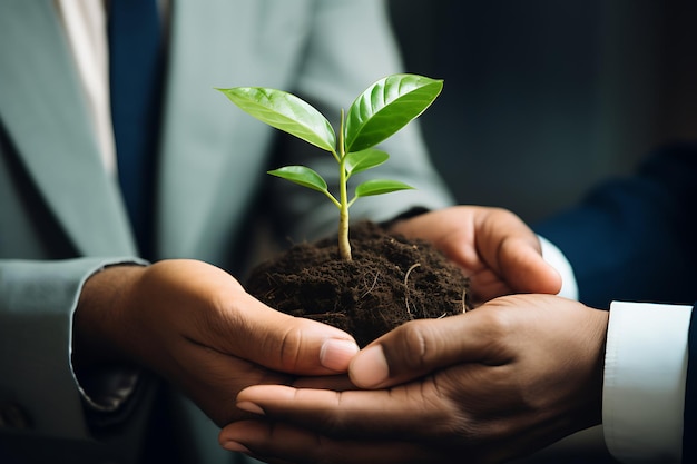 Mensen uit het bedrijfsleven houden grond vast met planten. Teamwerk is nodig voor de groei van een levensplant