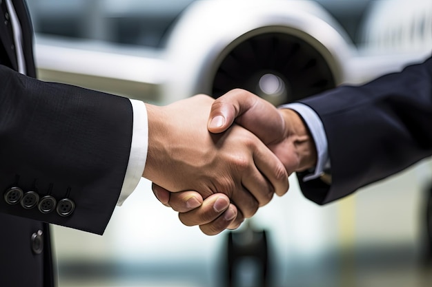Mensen uit het bedrijfsleven schudden elkaar de hand in een vliegtuighangar