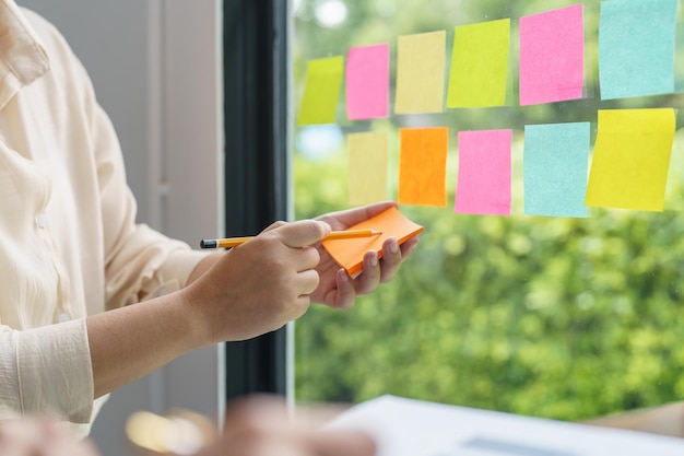 Mensen uit het bedrijfsleven werken aan plaknotities, creatief ideeën opschrijven op post-it-notities, professionele investeerders starten projectzaken op