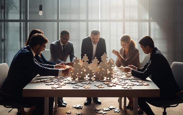 Mensen uit het bedrijfsleven zitten rond de vergadertafel en assembleren houten puzzelstukjes