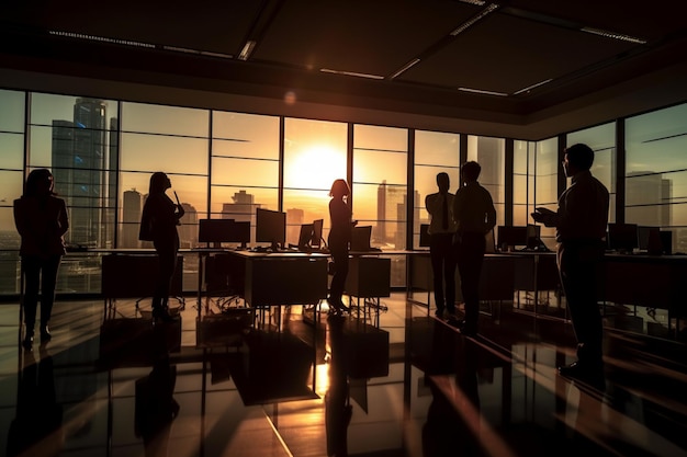 Mensen uit het silhouet van zakenmensen werken op een helder kantoor met generatieve AI