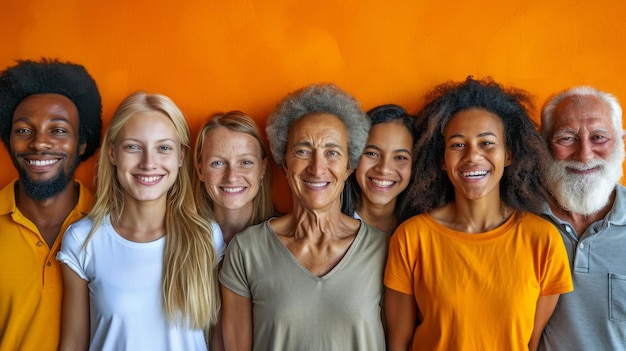 Foto mensen uit verschillende leeftijdsgroepen van zeer jonge tieners tot grootvader al glimlachende klantenervaring in oranje kleur