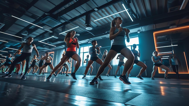 Mensen van alle leeftijden en fitnessniveaus nemen deel aan een groepsfitnessles in een moderne fitnessclub