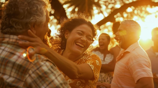 Mensen van alle leeftijden lachen en dansen bij een gezinsreünie terwijl het warme zonlicht door de bomen filtert