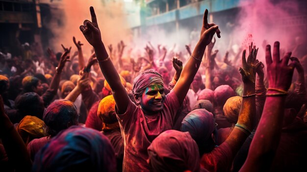 Mensen van India vieren Holi schieten van achteren zeer feestelijke en leuke stemming kleurrijk