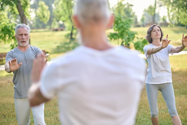 Mensen van middelbare leeftijd met yogales in het park