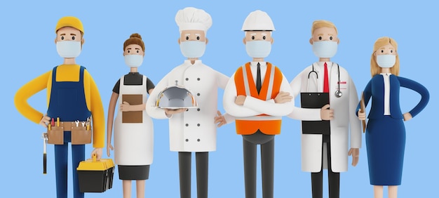 Mensen van verschillende beroepen in medische maskers Bouwer vrouwelijke ober kok ingenieur arts en leraar Labor Day 3D illustratie in cartoon-stijl