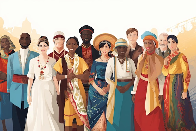 Foto mensen van verschillende culturen en etniciteiten in traditionele kleding, diversiteit van cultuur ai