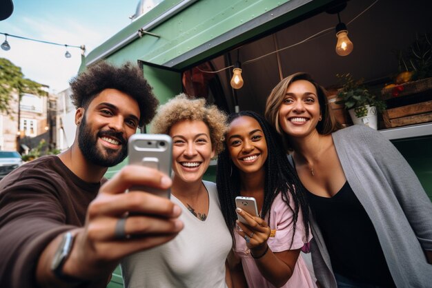 Mensen van verschillende rassen die plezier hebben met selfie's bij een foodtruck buiten.