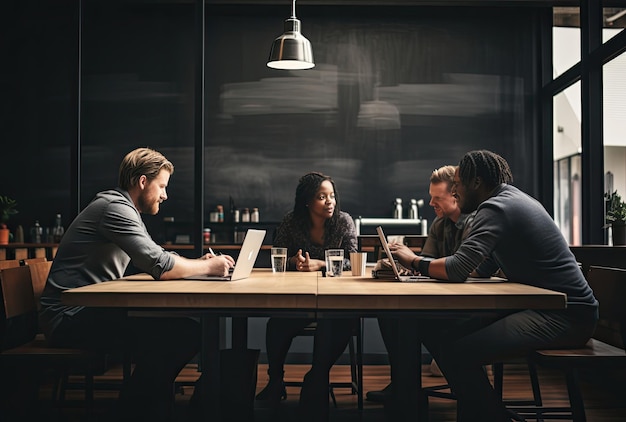 Mensen verzamelden zich rond een houten tafel voor een vergadering of discussie