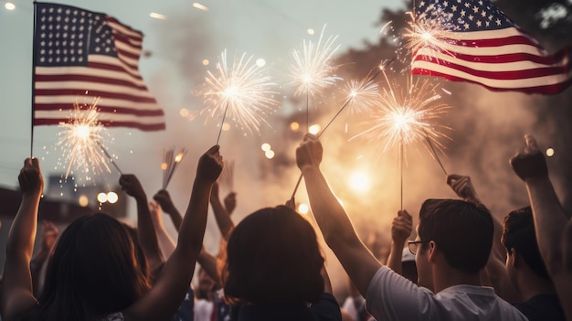 Mensen vieren feest met vuurwerk en een vlag waarop de VS staat