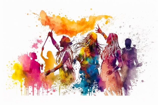 Mensen vieren Holi Festival, aquarel illustratie