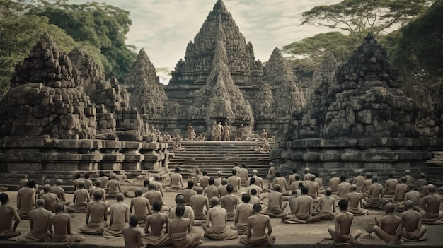 Mensen voeren een gesprek terwijl ze op een verweerde stenen vloer van de tempel zitten