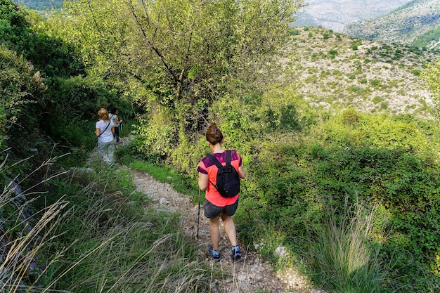 Mensen wandelen op het bospad in de berg.