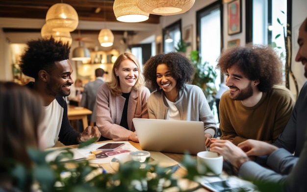 Mensen werken samen rond een laptop aan een tafel